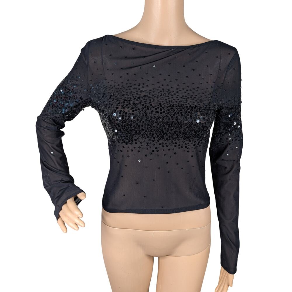 Vintage Y2K Linda Allard Ellen Tracy Sequin Mesh Sheer Top Size S Party Glam